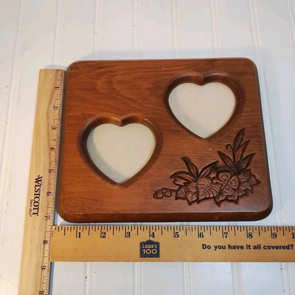 Vintage Picture Frame Wood  Double Heart Carved Engraved Flower Wall Hanging